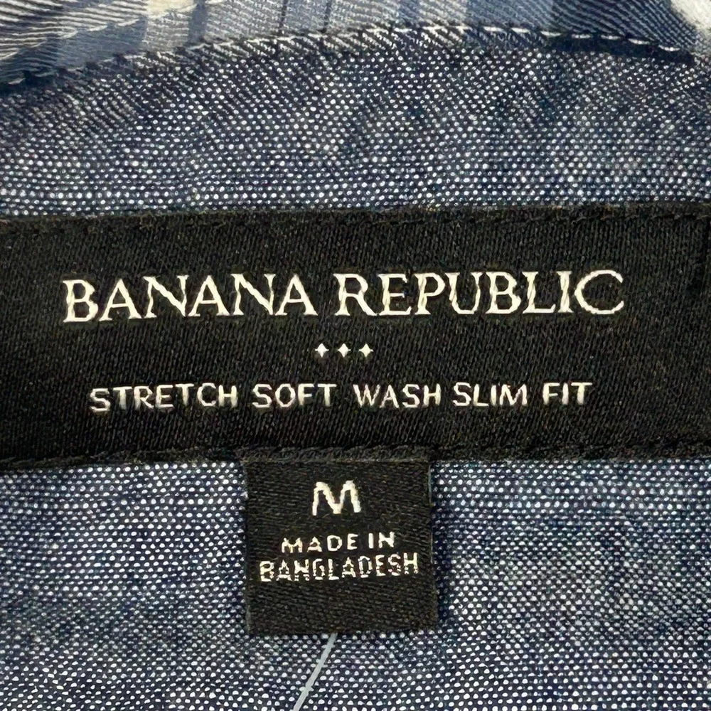 Banana Republic Slim Stretch Soft Wash Shirt Men's M Blue White Plaid Button‎ Up